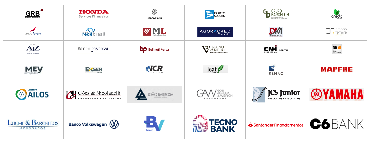 Nossos Parceiros - GRB, Honda, Banco Safra, Porto Seguro, Grupo Barcelos, Credit, Grupoforum, Redebrasil, ML, Agoracred, DM, QIF, AJZ, Banco Daycoval, Bellinati Perez, Bruno Vanderlei, CNI Capital, NR, MEV, Exsen, ICR, Leaf, Renac, Mapfre, Central Ailos, Goes & Nicoladelli, João Barbosa, GAM, JCS Junior, Yamaha, Luchi & Barcellos, Banco Volkswagen, BV, Tecno Bank, Santander, C6 Bank